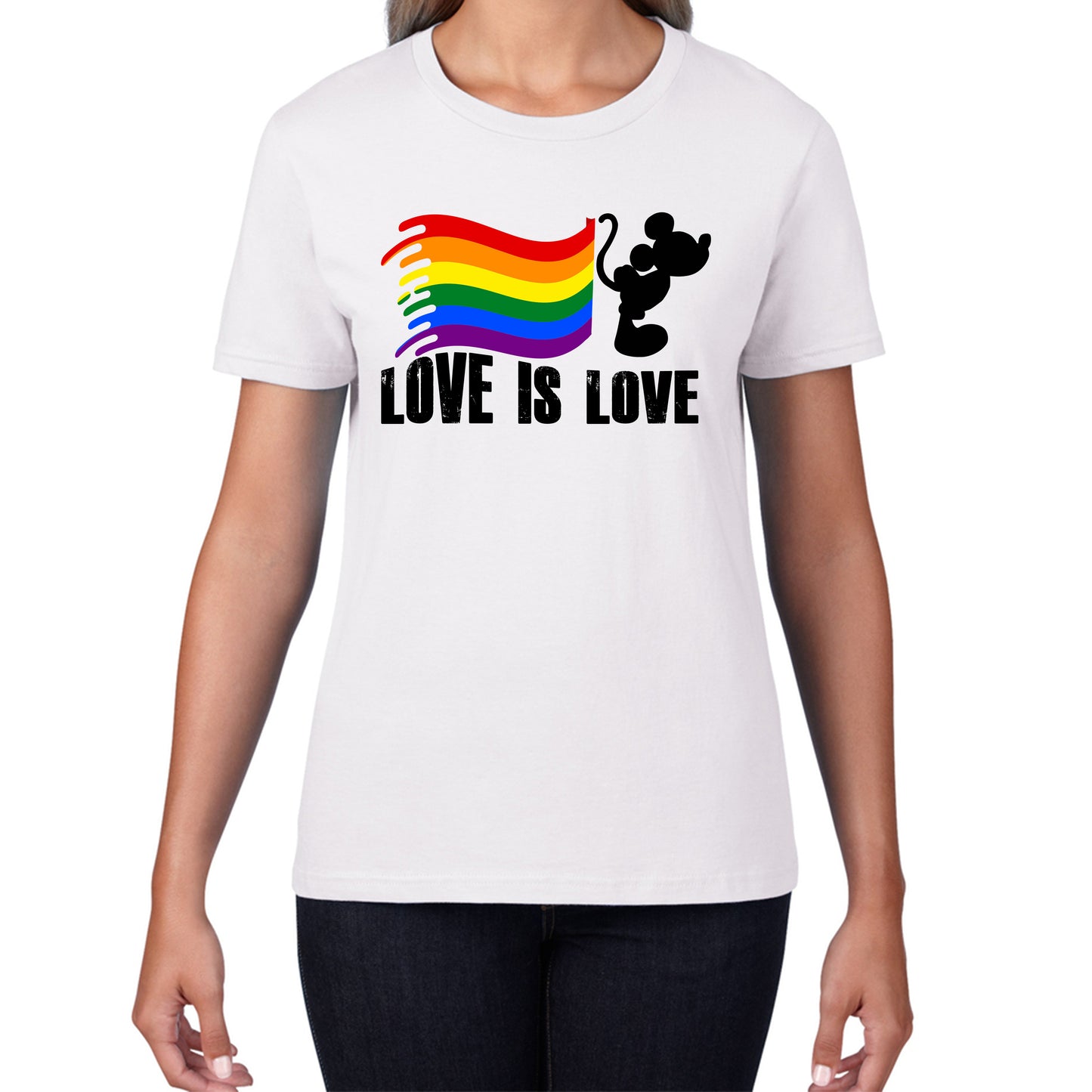 Love Is Love Disney Mickey Mouse Pride Flag Disneyland LGBT Flag Cartoon Pride Womens Tee Top