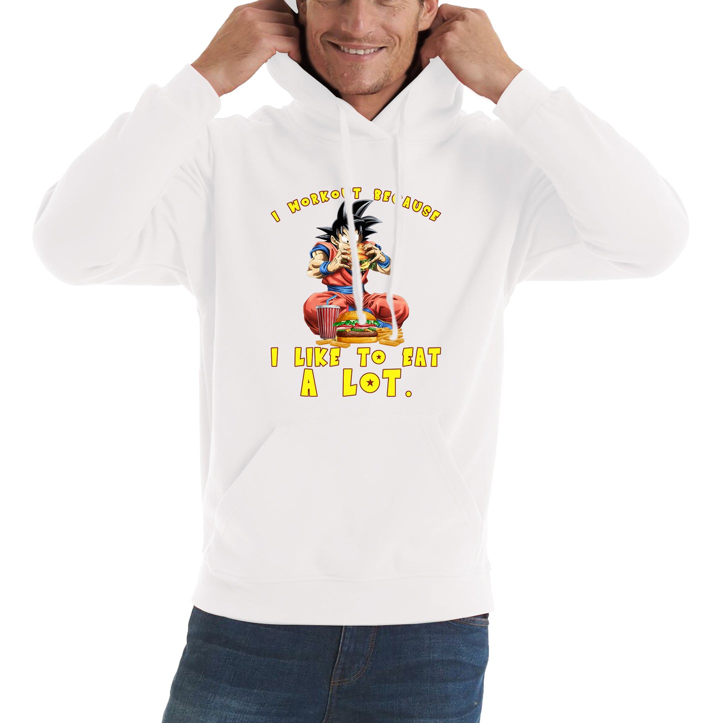 I Workout Because I Like To Eat A Lot Goku Eating A Hamburger Dragon Ball Anime Gym Bodybuilding Workout Unisex Hoodie
