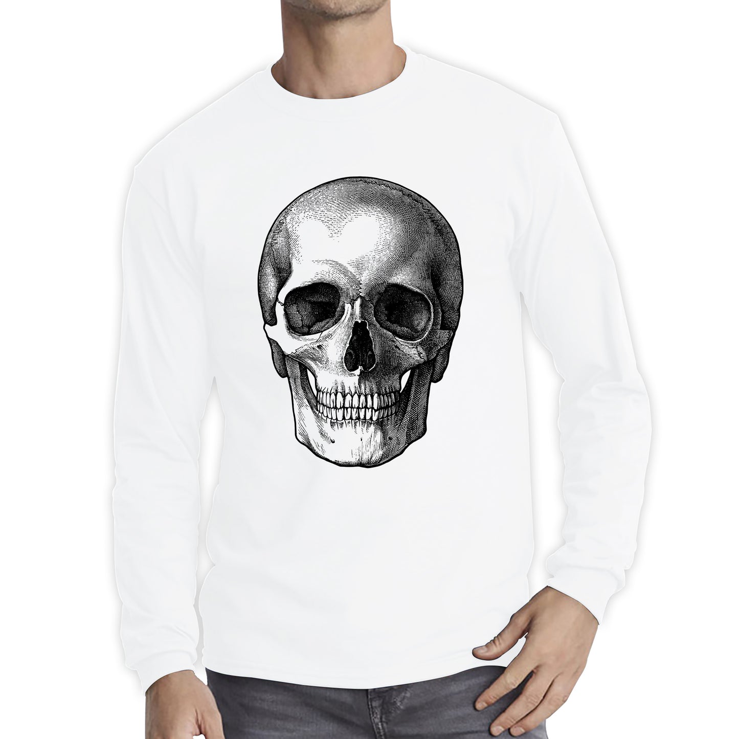 Skull Face Bikers Racers Novelty Design Spooky Funny Long Sleeve T Shirt