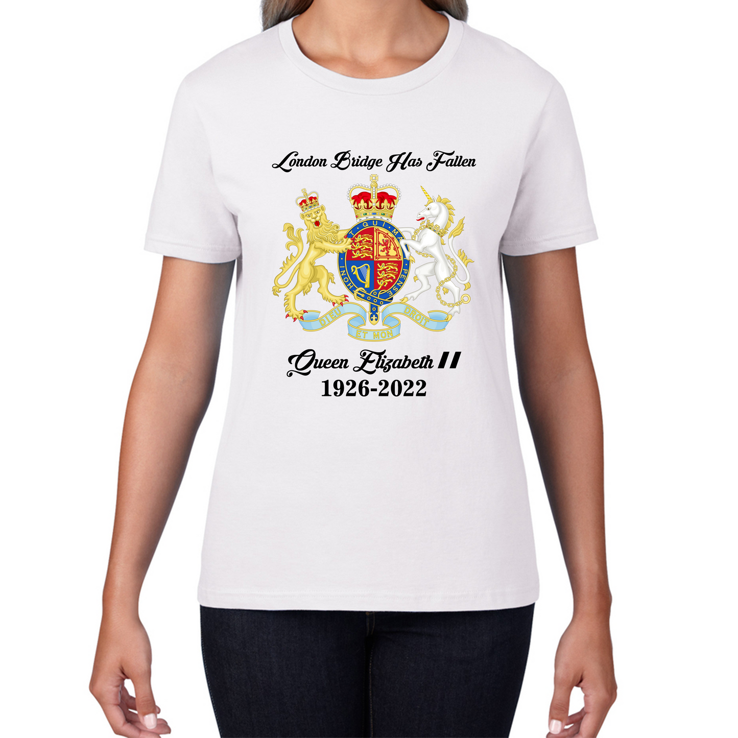 London Bridge Has Fallen Queen Elizabeth II Union Jack Queen's Crown Womens Tee Top