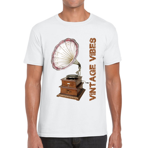 Gramophone Vintage Vibes Record Player Antique Trumpet Horn Turntable Phonograph Music Equipment Retro Mens Tee Top