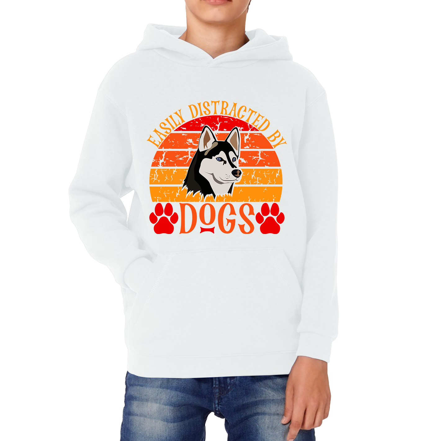 Easily Distracted By Dogs Vintage Retro Siberian Husky Dog Lovers Kids Hoodie