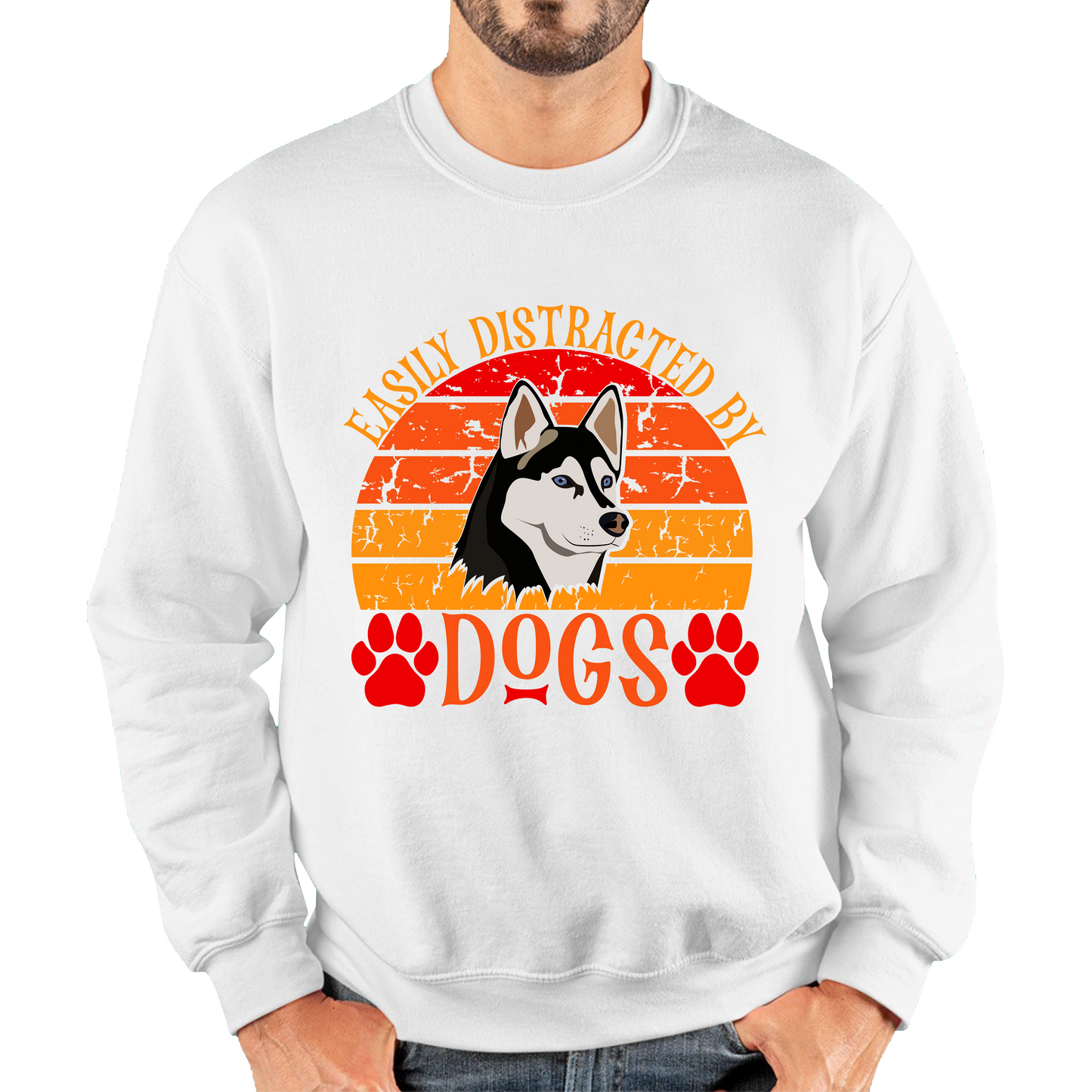 Easily Distracted By Dogs Vintage Retro Siberian Husky Dog Lovers Unisex Sweatshirt