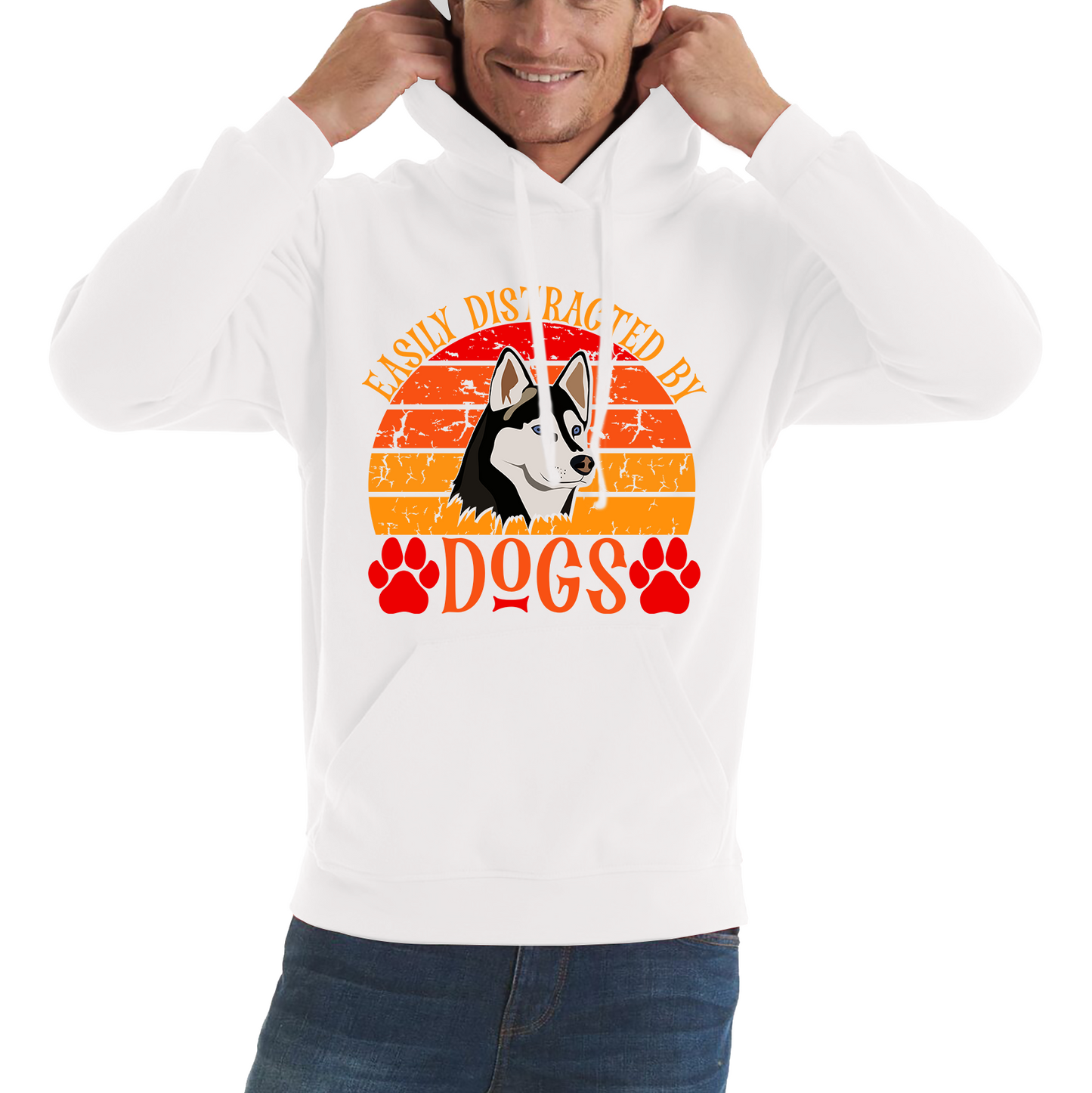 Easily Distracted By Dogs Vintage Retro Siberian Husky Dog Lovers Unisex Hoodie