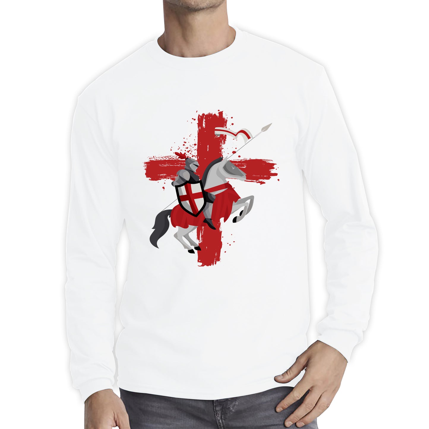 St George Day The Medieval Knight Saint Of England Celebrated On Saint Georges's Day Riding His Rearing Horse Long Sleeve T Shirt