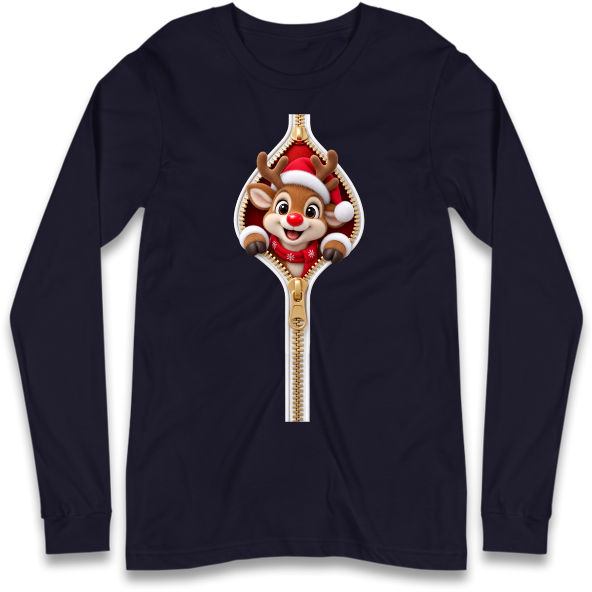 Reindeer Zip Christmas Long Sleeve T-Shirt