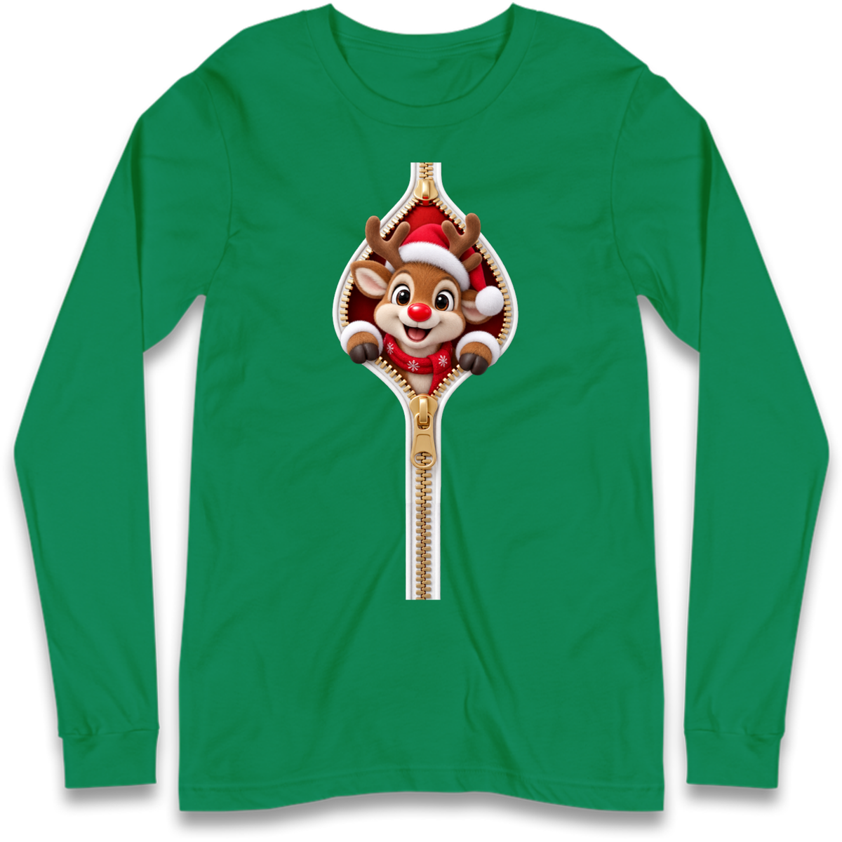 Reindeer Zip Christmas Long Sleeve T-Shirt