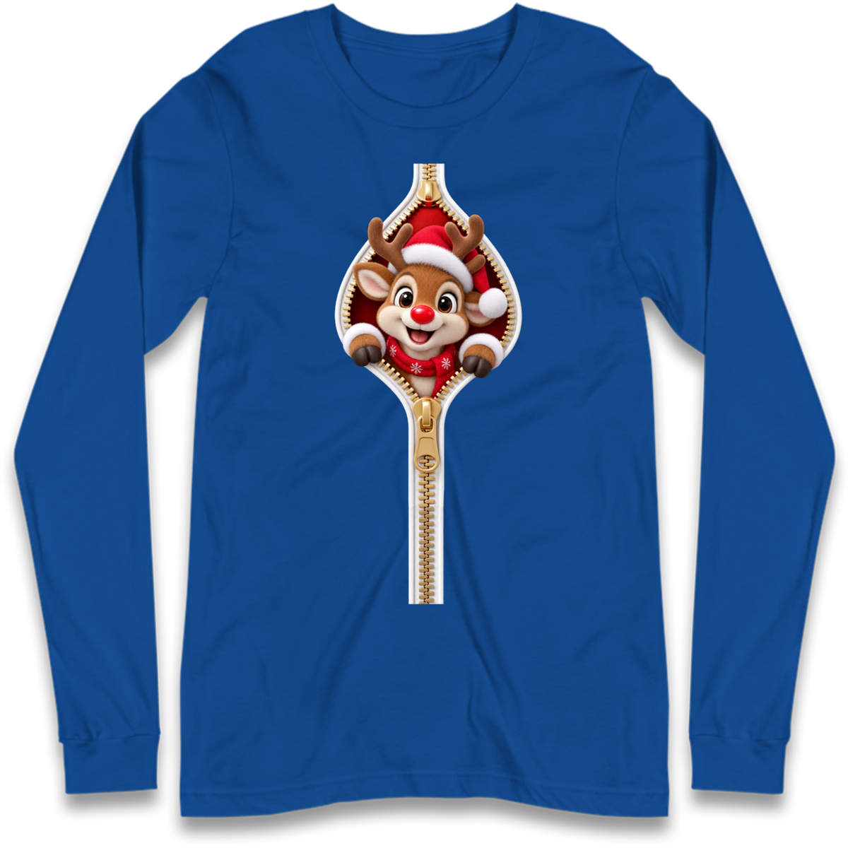 Reindeer Zip Christmas Long Sleeve T-Shirt