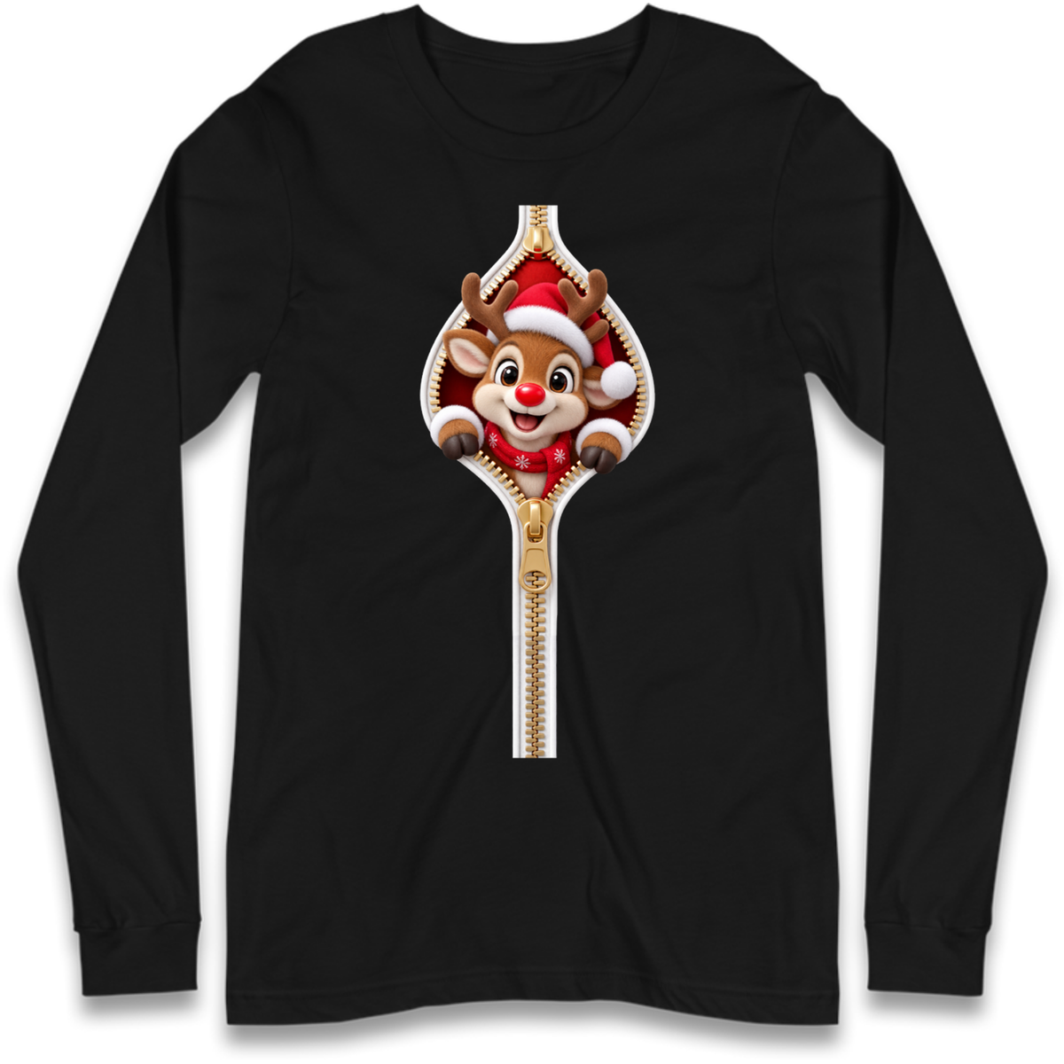 Reindeer Zip Christmas Long Sleeve T-Shirt