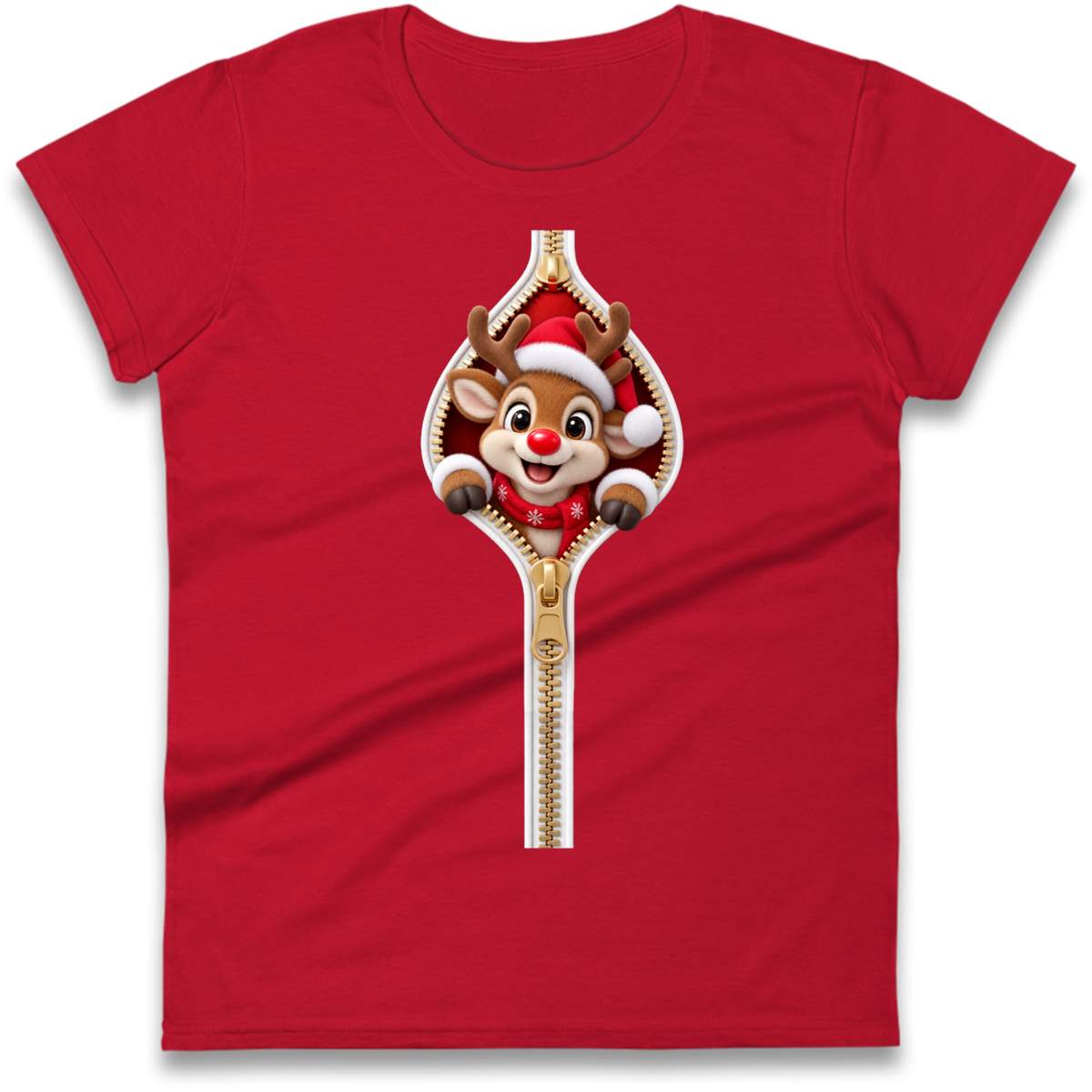 Reindeer Zip Christmas Ladies T-Shirt
