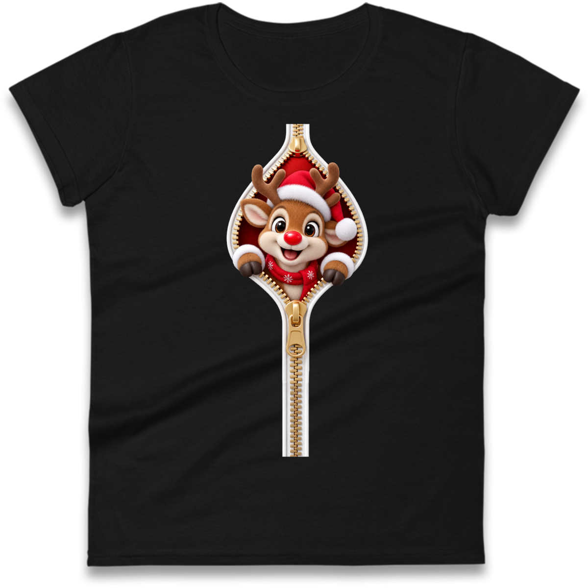 Reindeer Zip Christmas Ladies T-Shirt