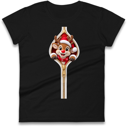 Reindeer Zip Christmas Ladies T-Shirt