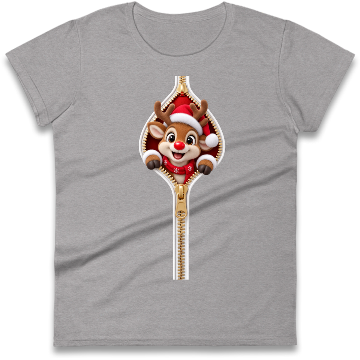 Reindeer Zip Christmas Ladies T-Shirt