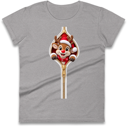 Reindeer Zip Christmas Ladies T-Shirt