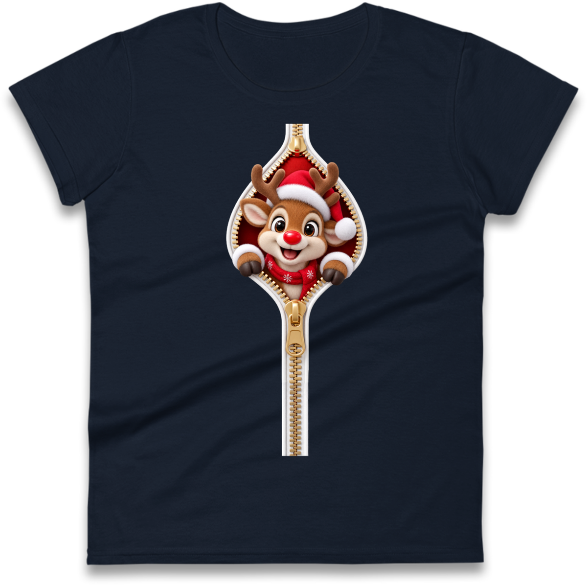 Reindeer Zip Christmas Ladies T-Shirt