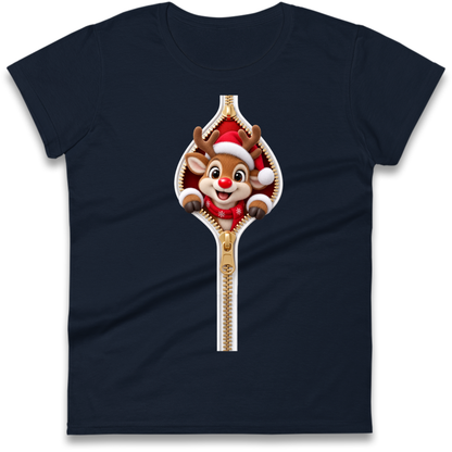 Reindeer Zip Christmas Ladies T-Shirt