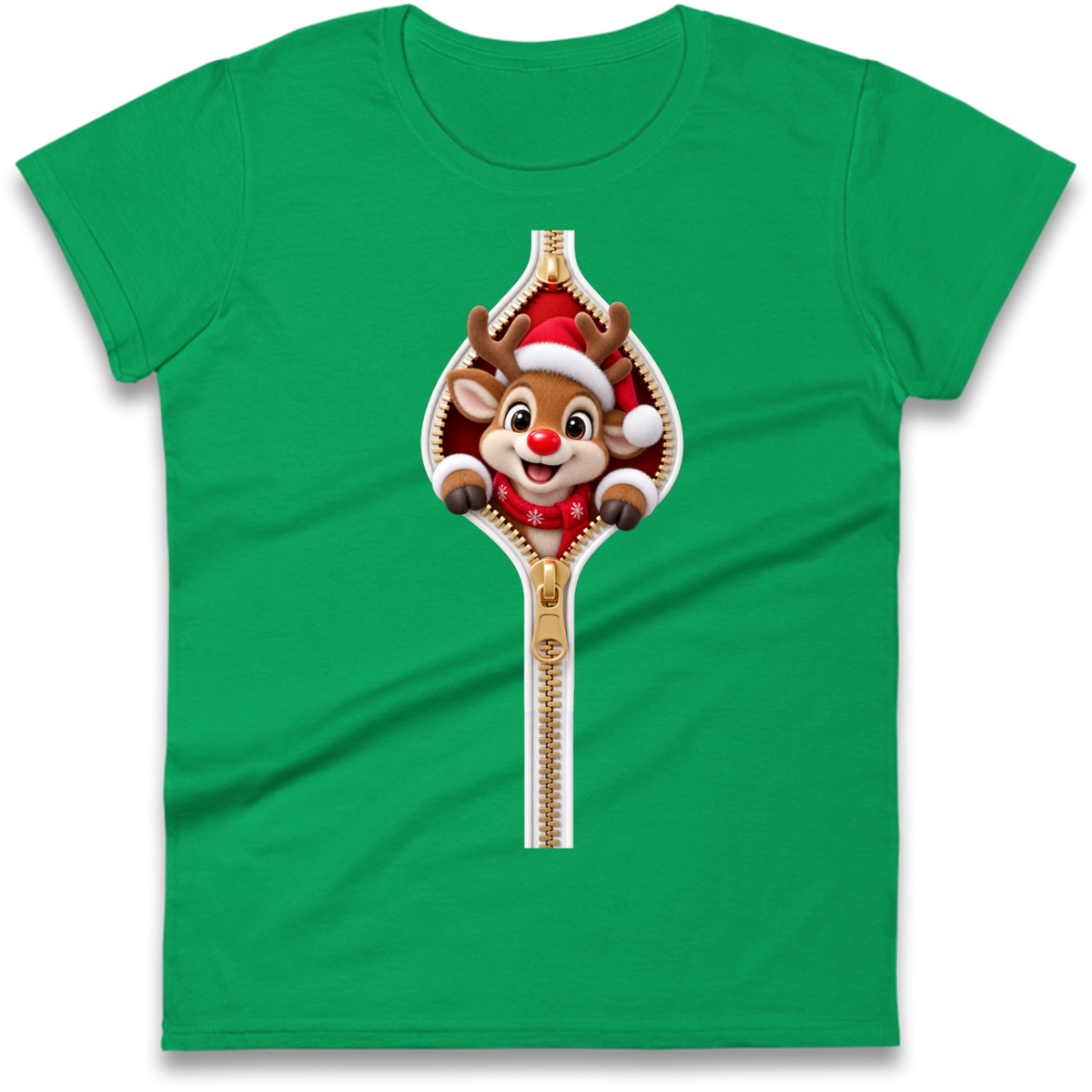 Reindeer Zip Christmas Ladies T-Shirt