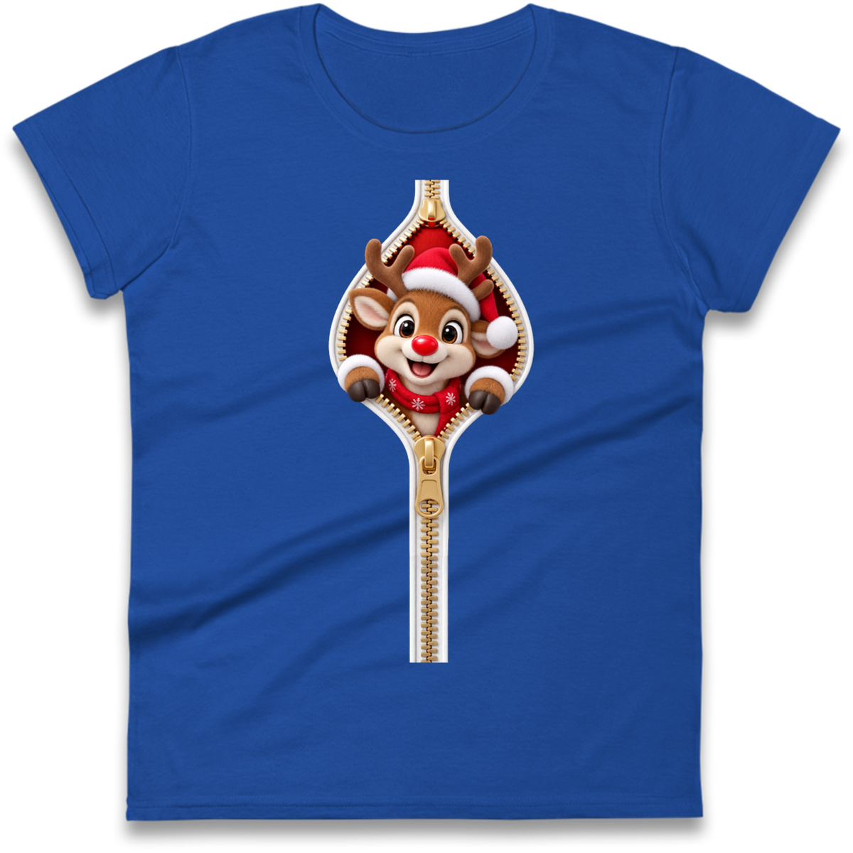 Reindeer Zip Christmas Ladies T-Shirt