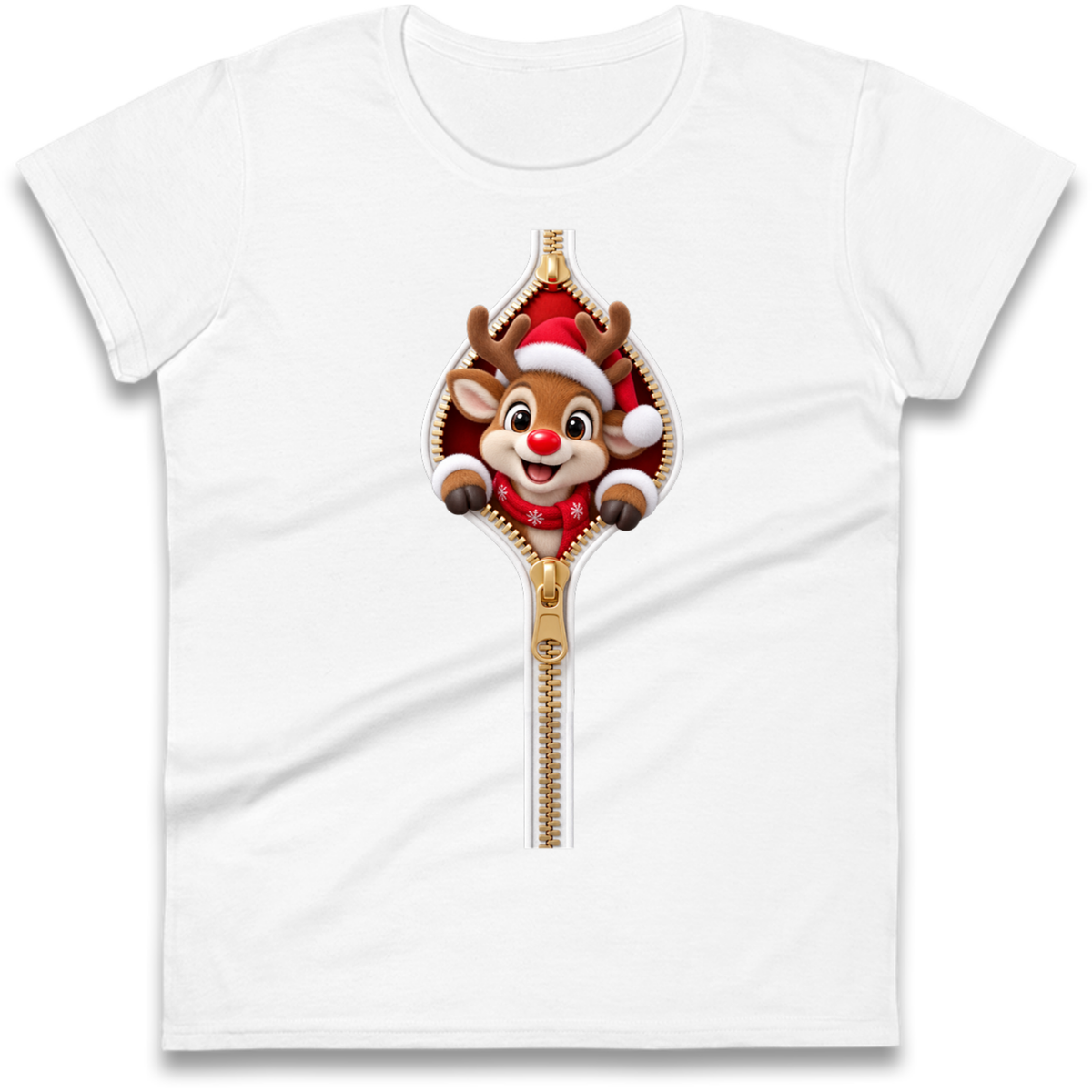 Reindeer Zip Christmas Ladies T-Shirt