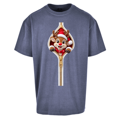 Reindeer Zip Christmas Oversized T-Shirt