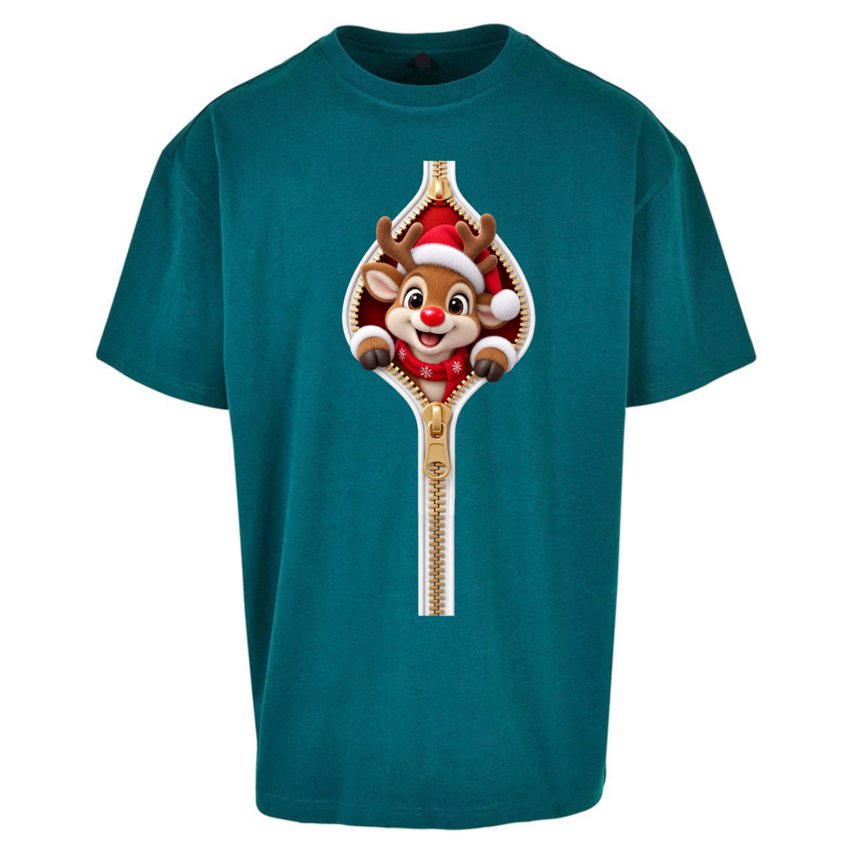 Reindeer Zip Christmas Oversized T-Shirt