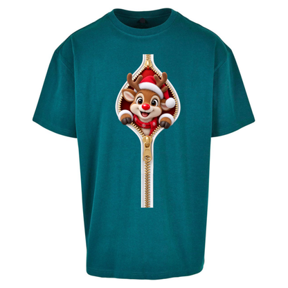 Reindeer Zip Christmas Oversized T-Shirt