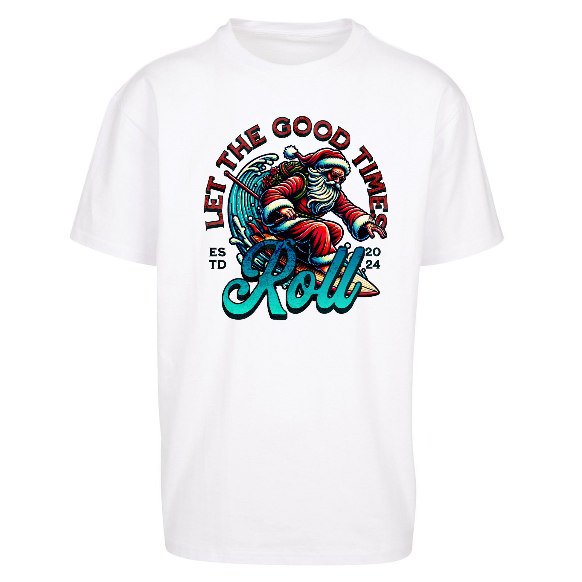 Santa Surfing Let The Good Times Roll Christmas Oversized T Shirts