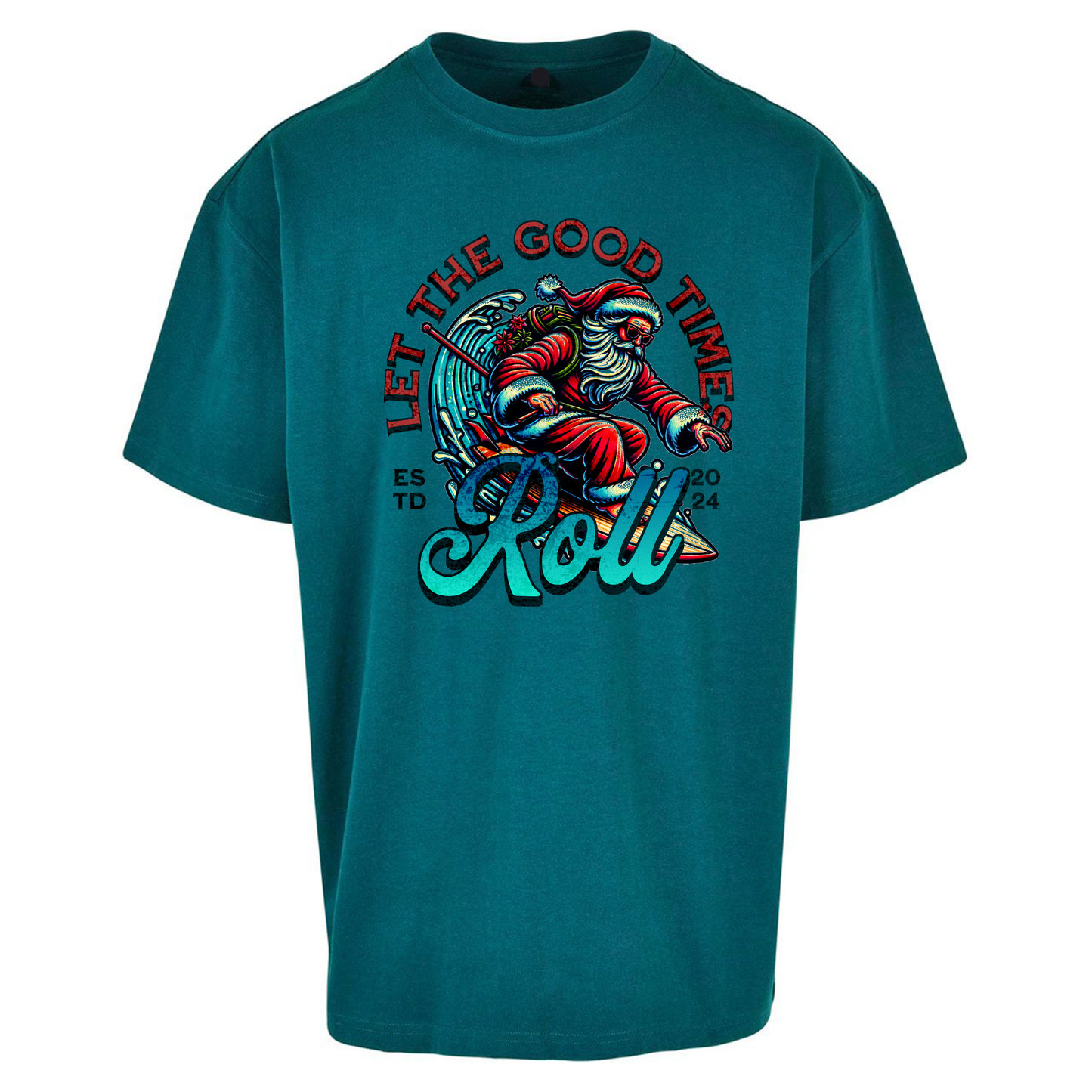 Santa Surfing Let The Good Times Roll Christmas Oversized T Shirts