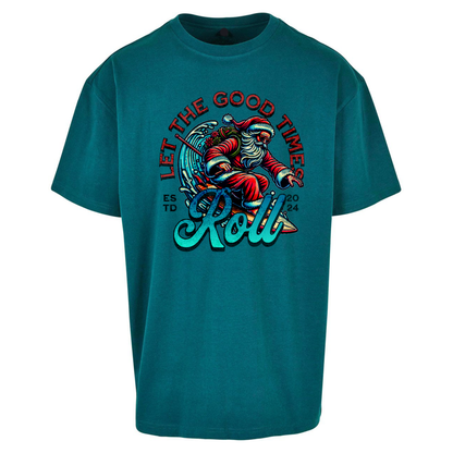Santa Surfing Let The Good Times Roll Christmas Oversized T Shirts