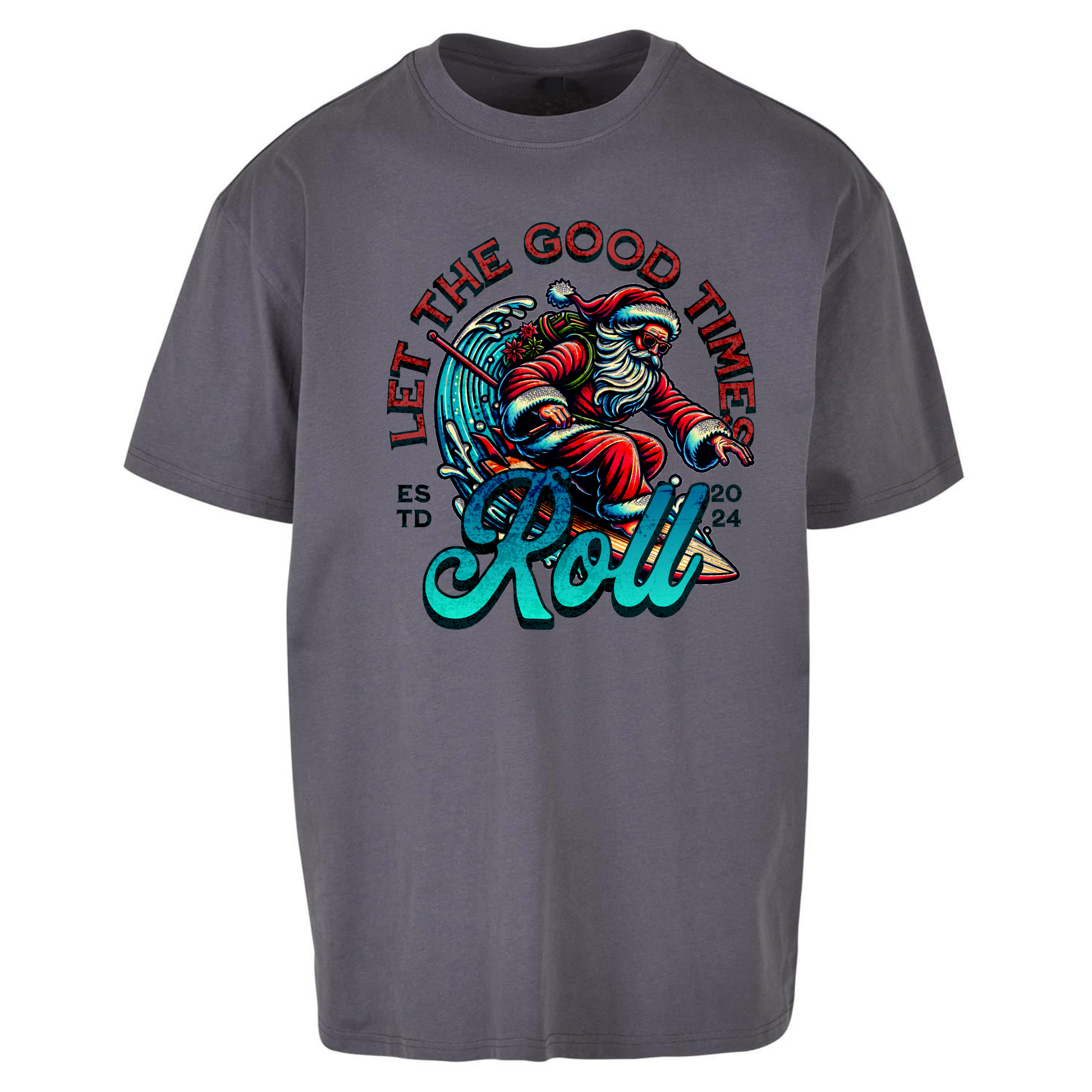 Santa Surfing Let The Good Times Roll Christmas Oversized T Shirts