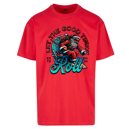 Santa Surfing Let The Good Times Roll Christmas Oversized T Shirts