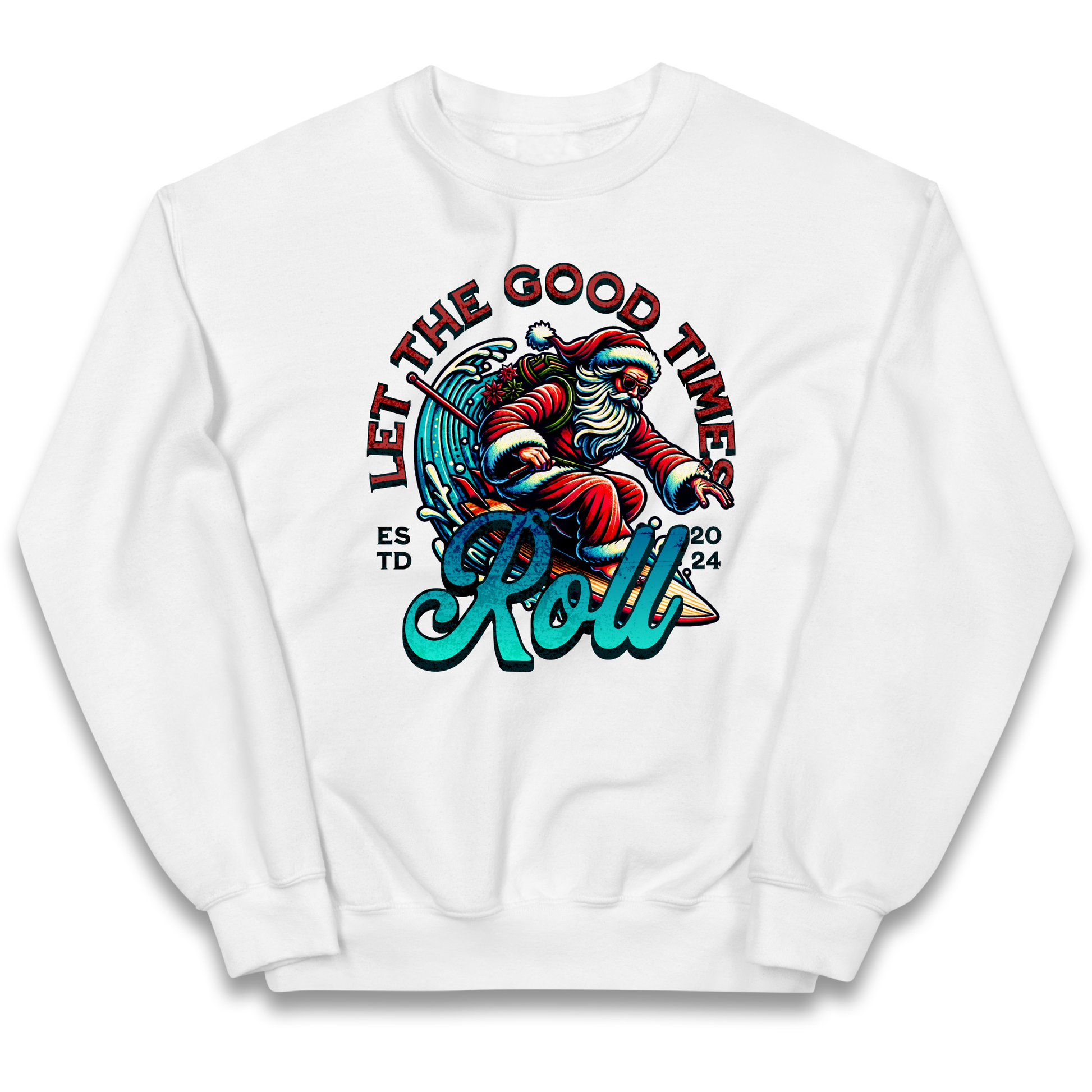 Santa Surfing Let The Good Times Roll Christmas kids sweatshirt