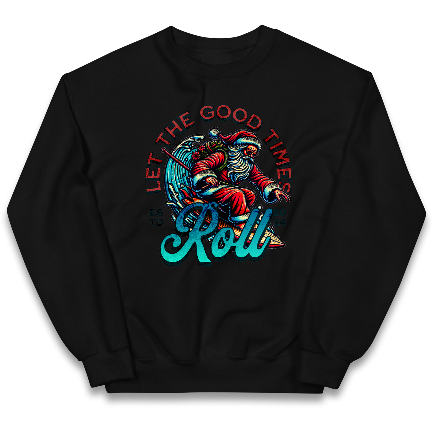 Santa Surfing Let The Good Times Roll Christmas kids sweatshirt