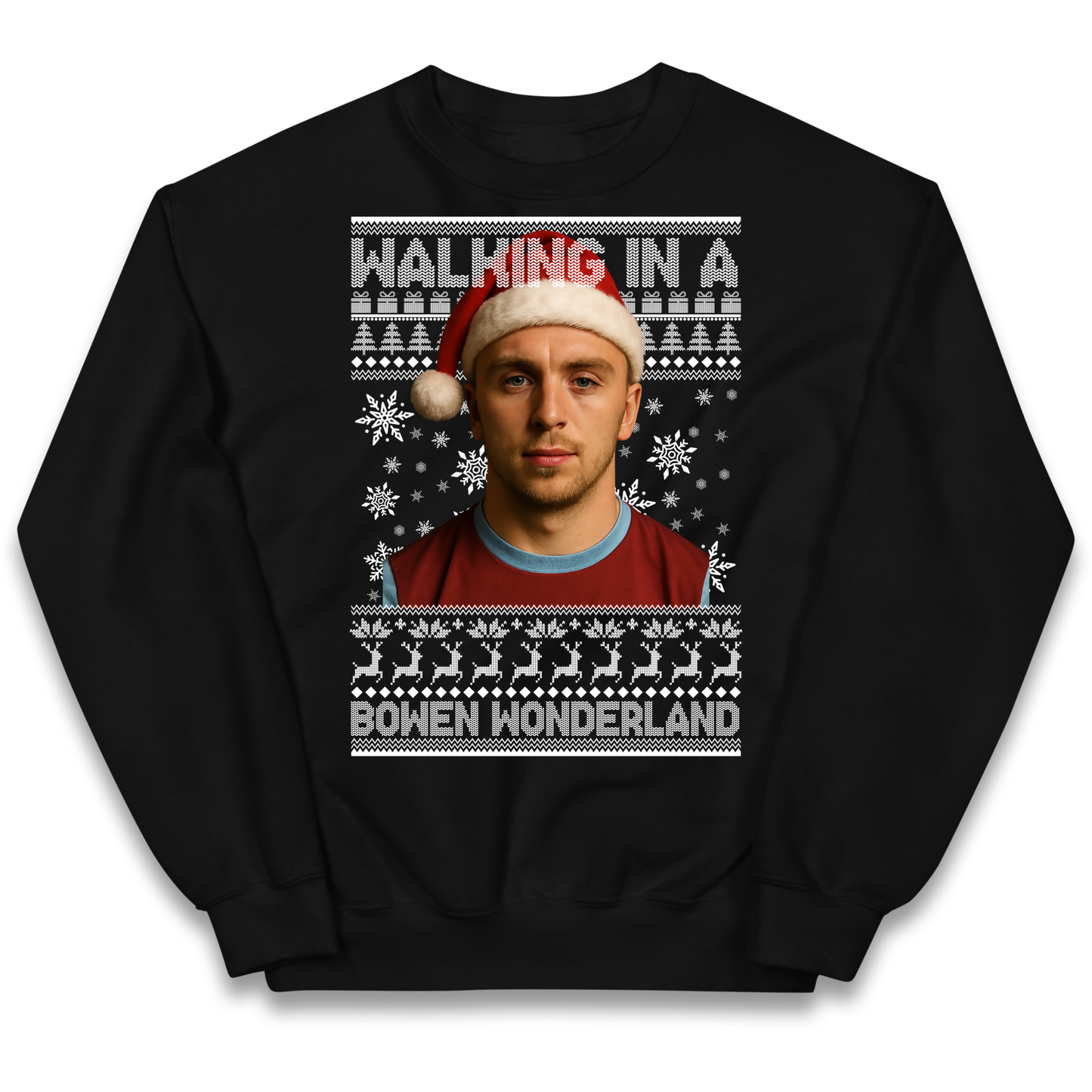 Jared Bowen walking in a Bowen Wonderland Christmas kids sweatshirt