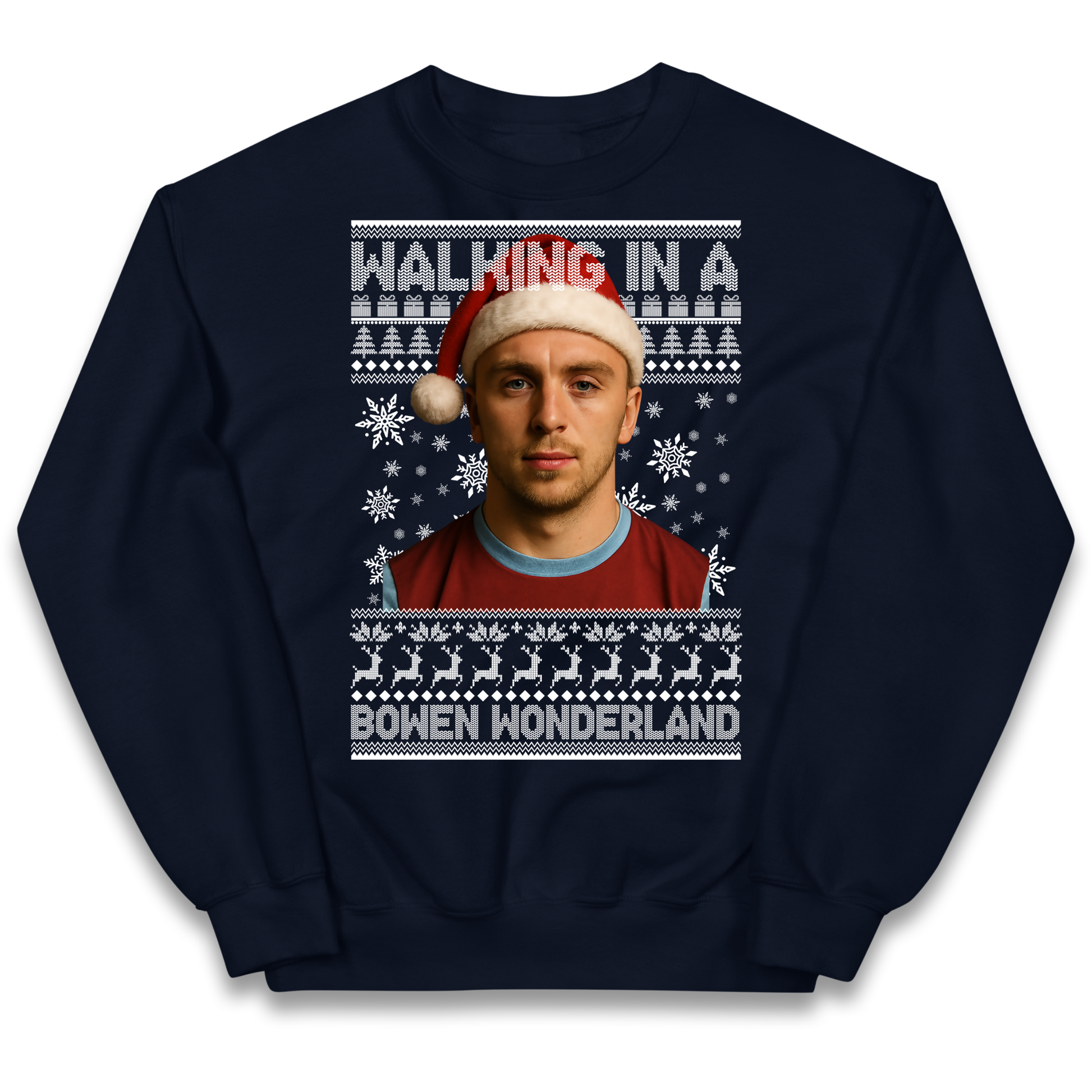 Jared Bowen walking in a Bowen Wonderland Christmas kids sweatshirt