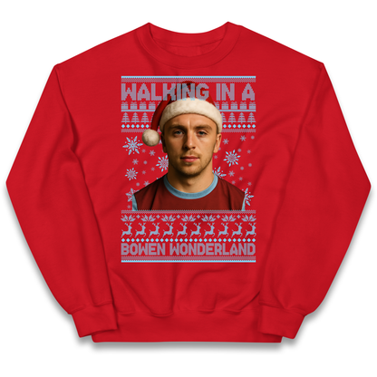Jared Bowen walking in a Bowen Wonderland Christmas kids sweatshirt