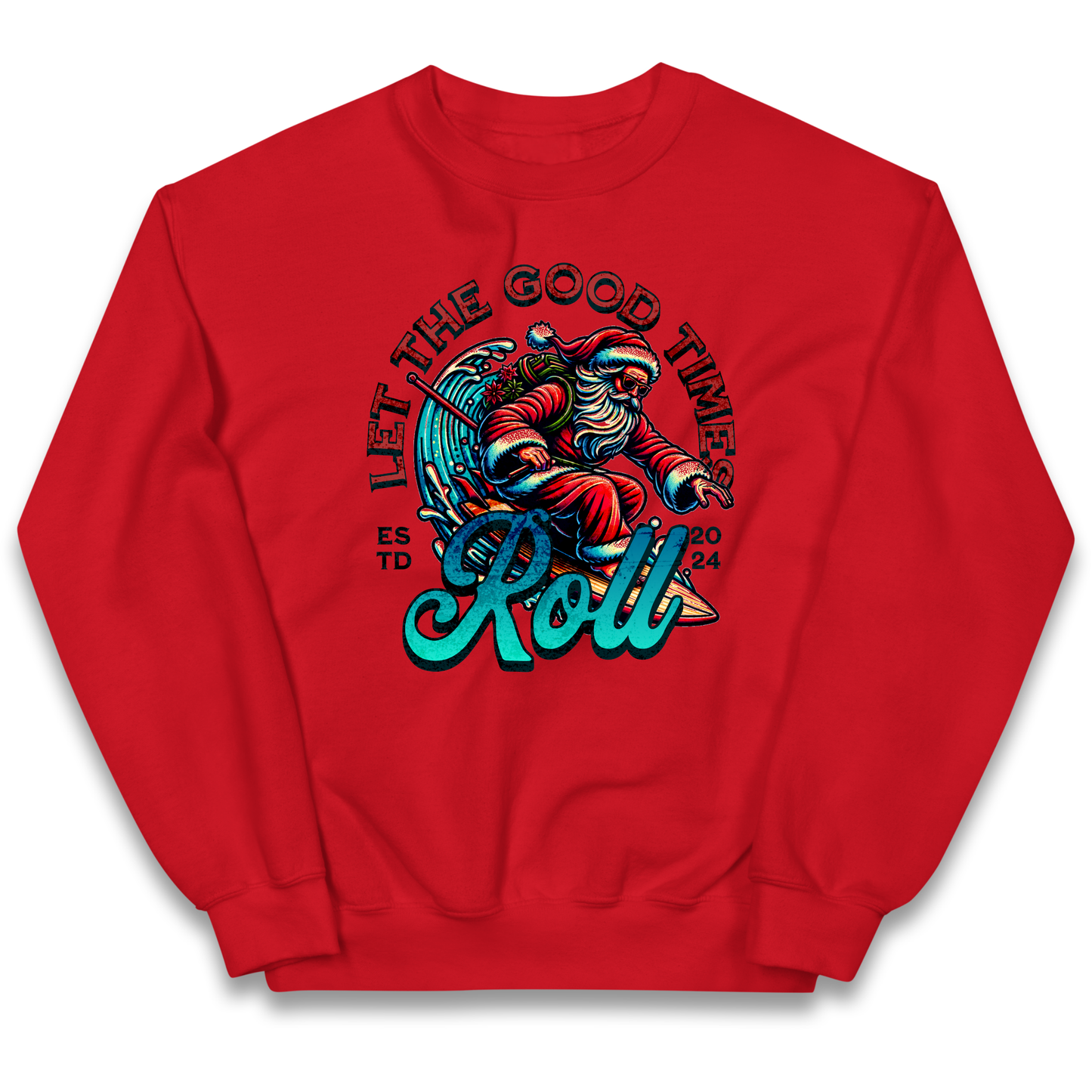 Santa Surfing Let The Good Times Roll Christmas kids sweatshirt