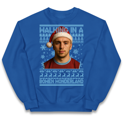 Jared Bowen walking in a Bowen Wonderland Christmas kids sweatshirt