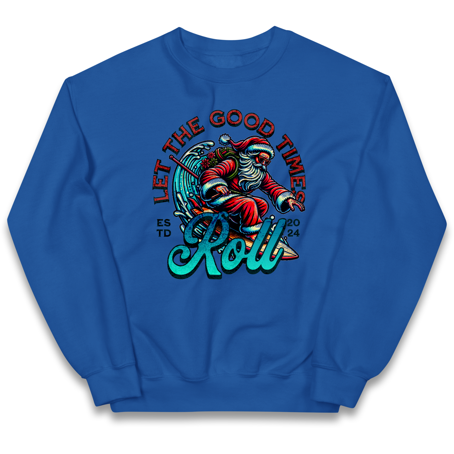 Santa Surfing Let The Good Times Roll Christmas kids sweatshirt
