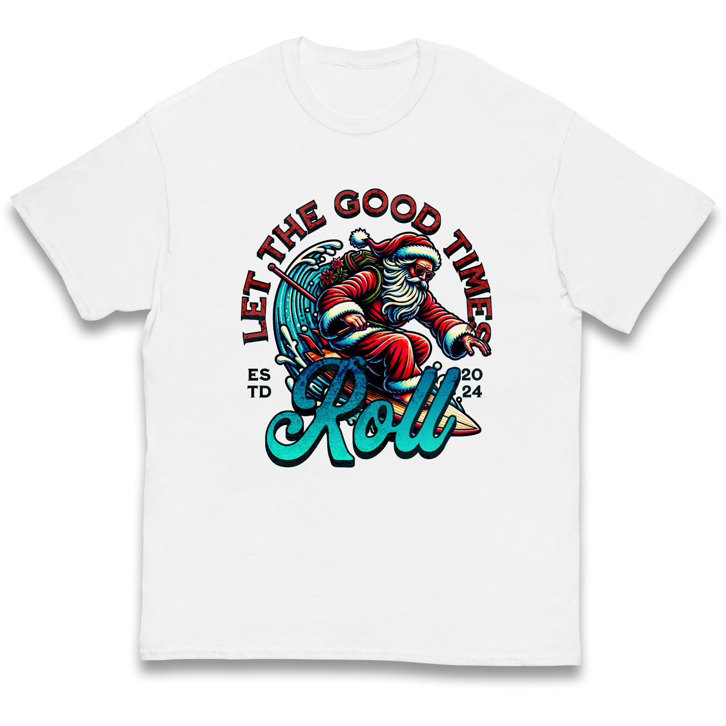 Santa Surfing Let The Good Times Roll Christmas kids t shirt