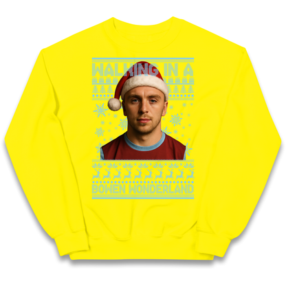 Jared Bowen walking in a Bowen Wonderland Christmas kids sweatshirt