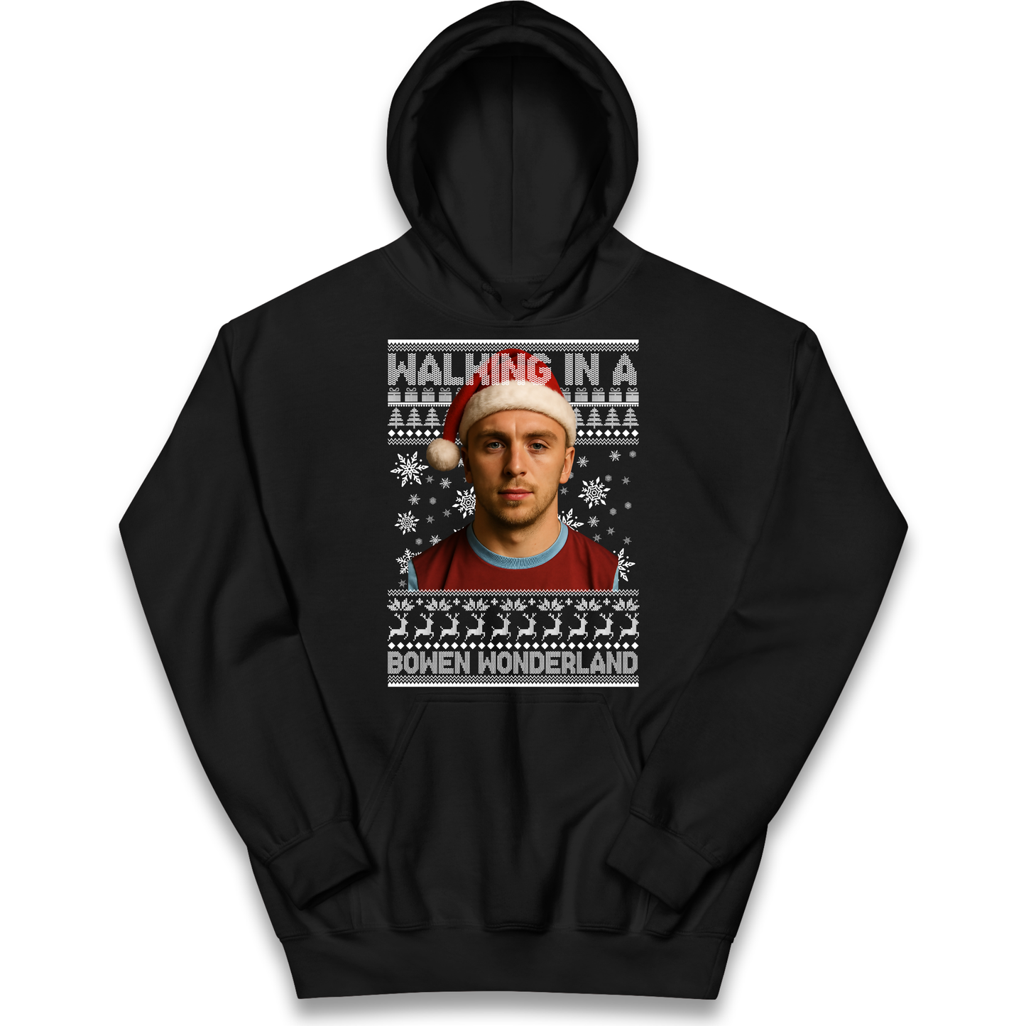 Jared Bowen walking in a Bowen Wonderland Christmas kids hoodie