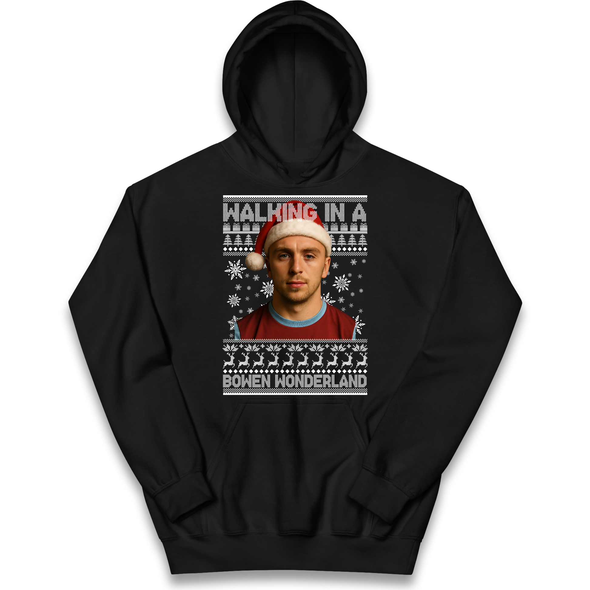 Jared Bowen walking in a Bowen Wonderland Christmas kids hoodie