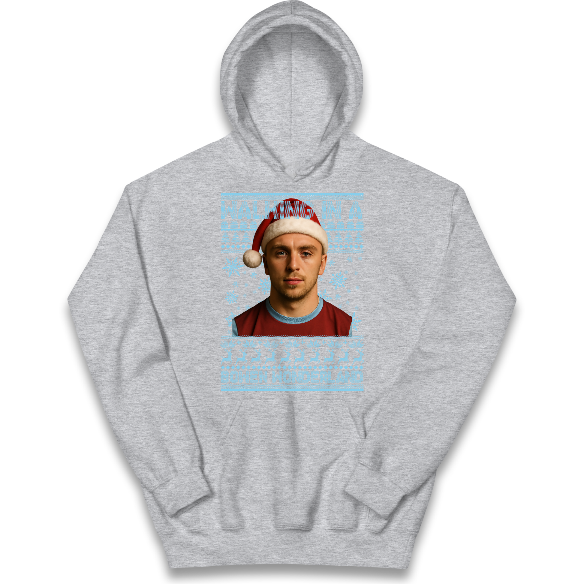 Jared Bowen walking in a Bowen Wonderland Christmas kids hoodie