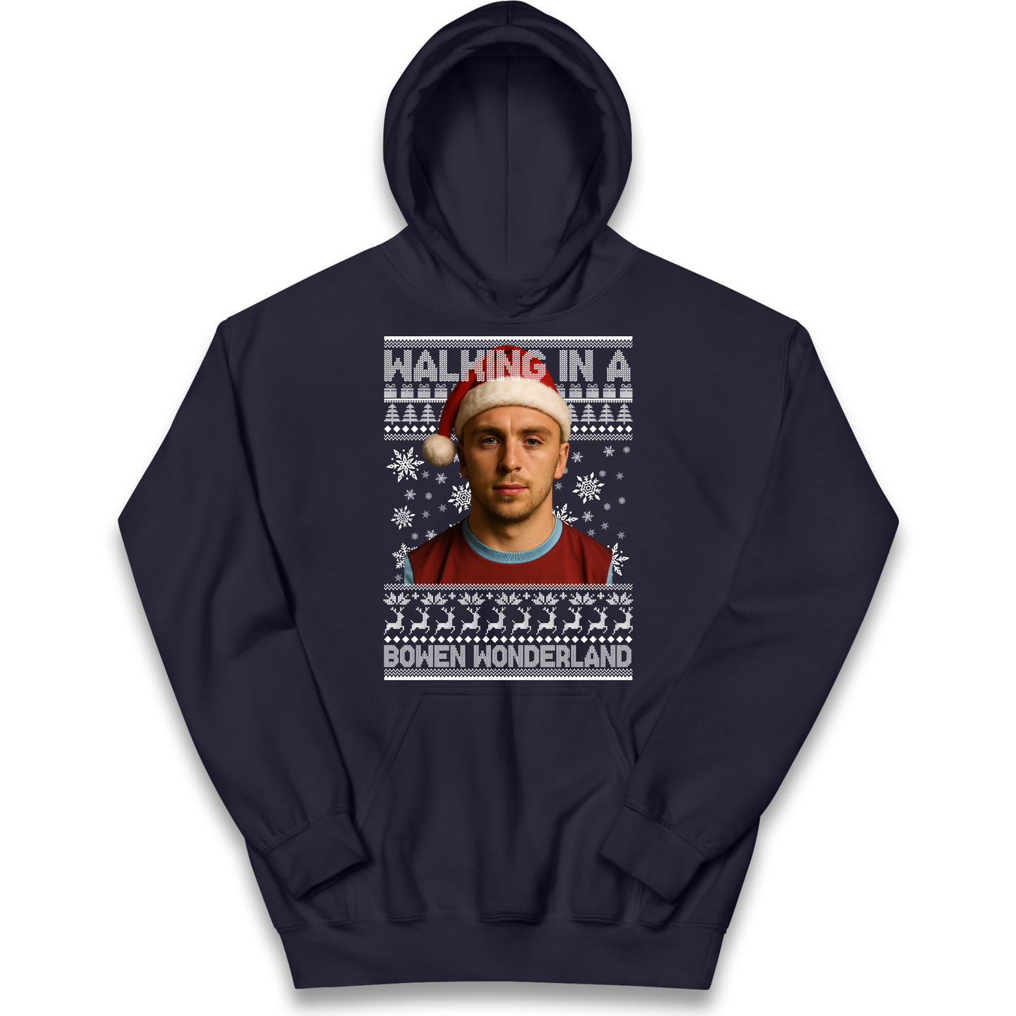 Jared Bowen walking in a Bowen Wonderland Christmas kids hoodie