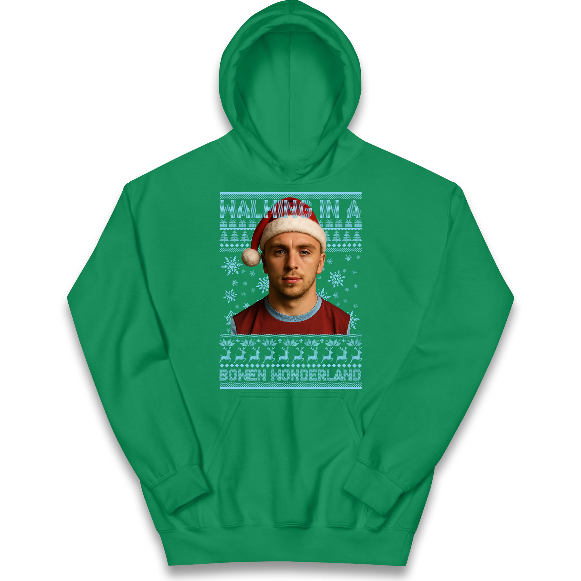 Jared Bowen walking in a Bowen Wonderland Christmas kids hoodie