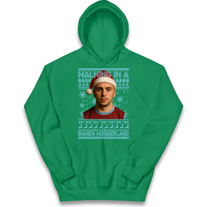 Jared Bowen walking in a Bowen Wonderland Christmas kids hoodie