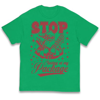 Stop Staring at My Package Christmas kids t shirt
