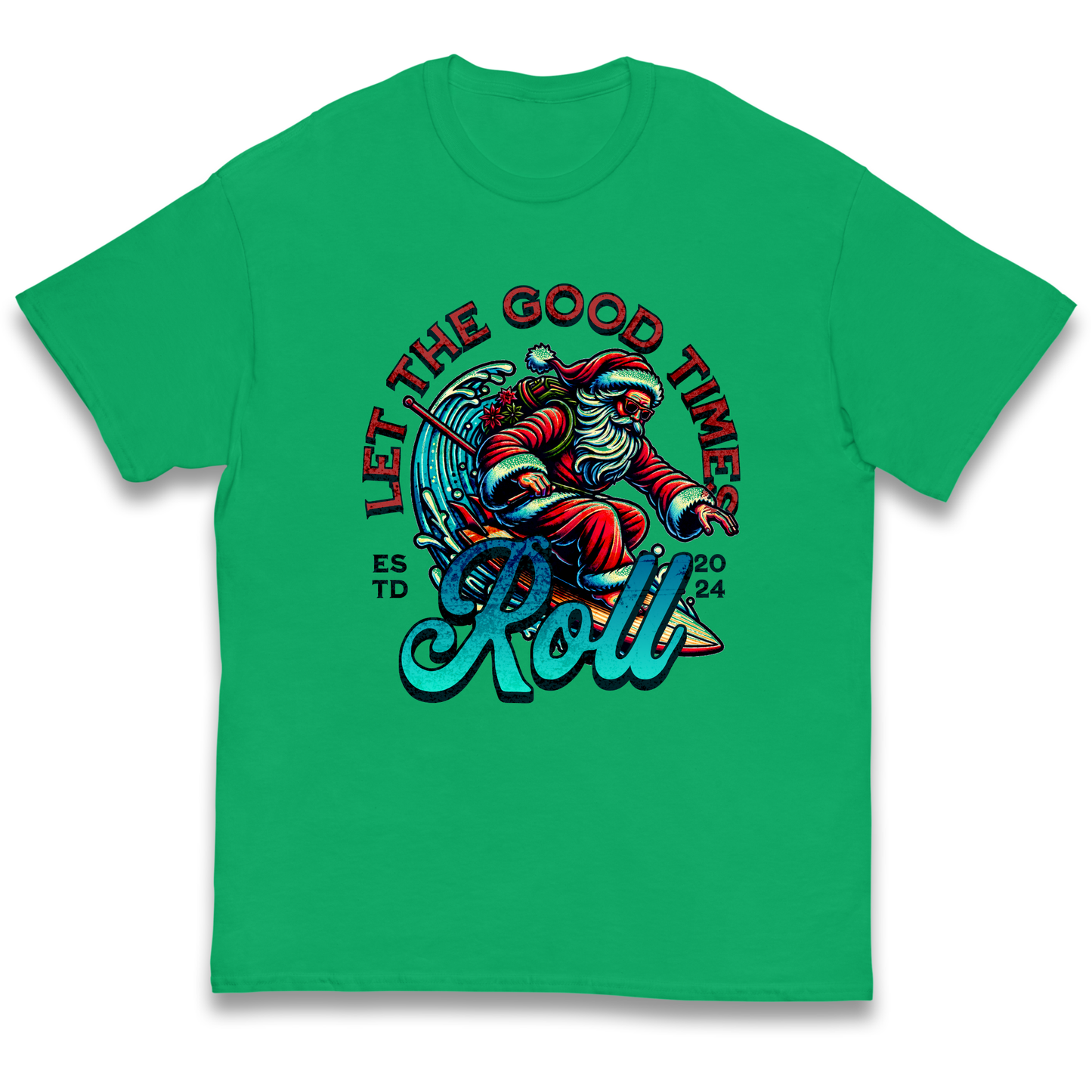 Santa Surfing Let The Good Times Roll Christmas kids t shirt