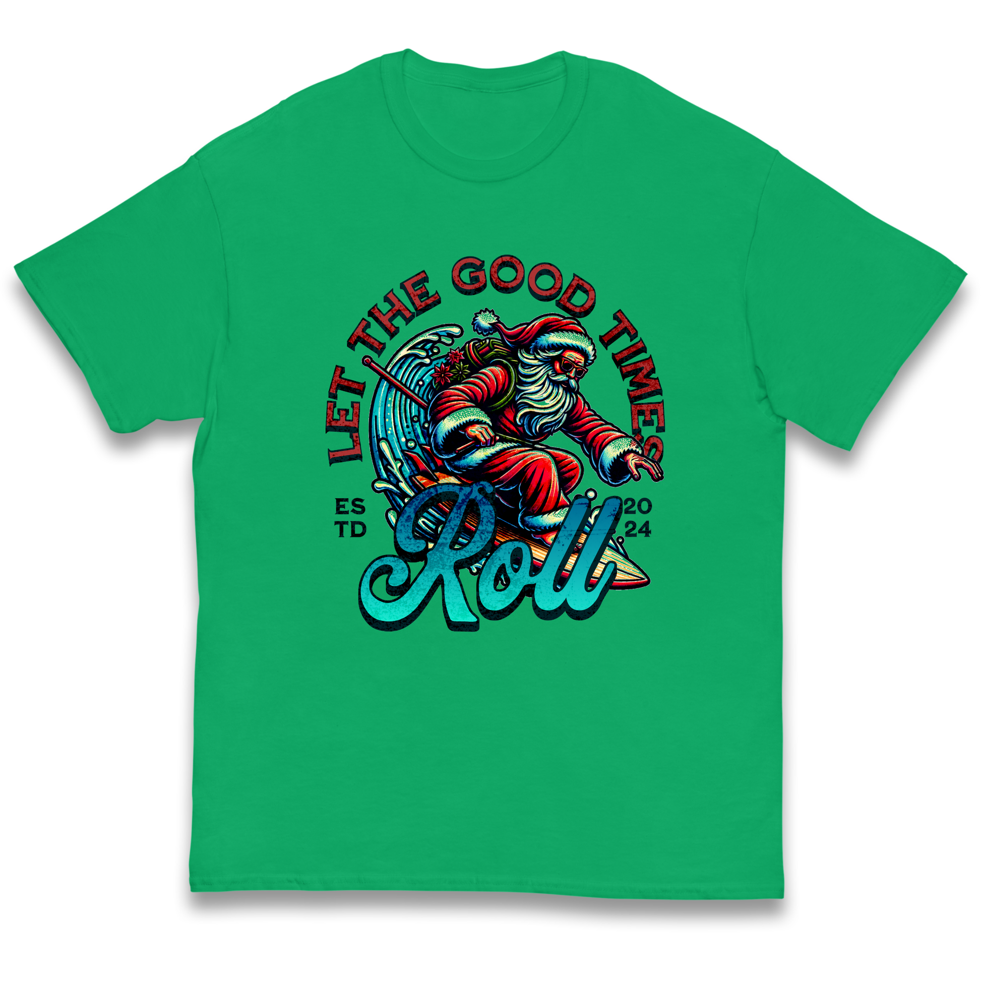 Santa Surfing Let The Good Times Roll Christmas kids t shirt